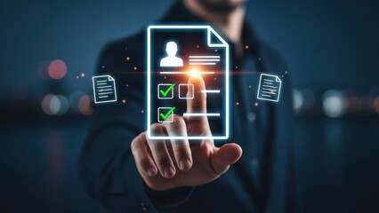 Employee Evaluation Review: Businessman touching virtual profile icon with checklist and document symbols for professional performance appraisal