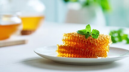 realistic close up of a raw honeycomb on a white plate with a sprig of mint, representing natural propolis therapy, bright airy kitchen atmosphere