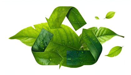 A green recycle symbol made from leaves, surrounded by other leaves, on a white background