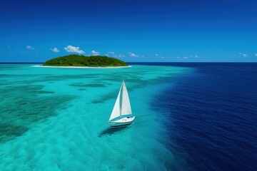 Sailboat moves through clear water close to an island with green vegetation, under a bright blue sky during daylight hours.