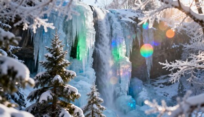 Holographic waterfall cascading with iridescent light. Futuristic, surreal scene with glowing water, digital effects, and mesmerizing, sci-fi inspired aesthetics.