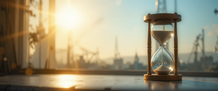 Time flowing hourglass on a table industrial city background photography warm sunset lighting concept of time management