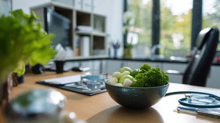 realistic photo of a modern dentist s office with a focus on a bowl of fresh green vegetables on the desk, merging traditional and natural medicine