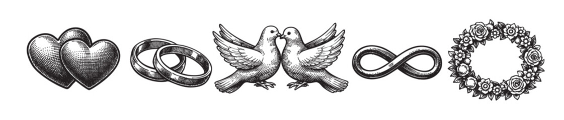 A collection of classic black and white wedding icons including two hearts, wedding rings, lovebirds, infinity symbol, and a floral wreath in a vintage etched style.