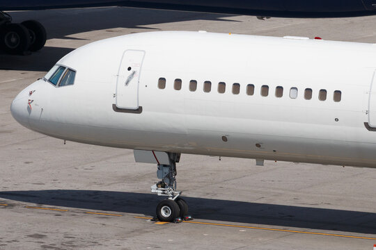 S&atilde;o Paulo, Brazil &ndash; August 20, 2025: Front view of an all-white Boeing 757-200 aircraft seen at S&atilde;o Paulo Guarulhos International Airport.