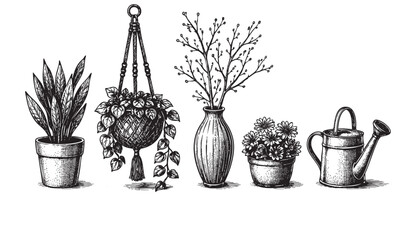 A charming collection of vintage-style illustrations featuring various potted plants, a hanging basket, a vase with branches, and a watering can, perfect for garden and home decor themes.
