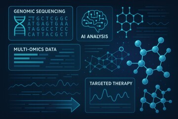 Digital graphics show genomic sequencing, AI analysis, multi-omics data, and targeted therapy concepts relevant to medical research.