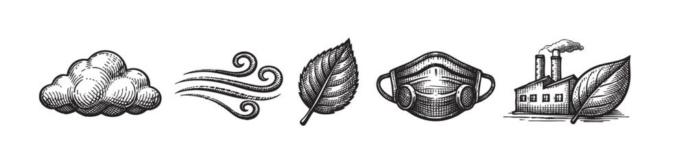 This woodcut-style illustration features five icons representing environmental concepts: a cloud, wind, a leaf, a medical mask, and a factory with smokestacks.
