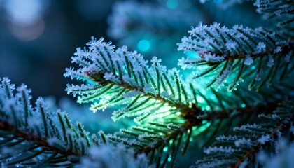 Blue glowing Christmas tree branches. Festive, magical holiday scene with twinkling lights, winter ambiance, and cozy, sparkling decoration.
