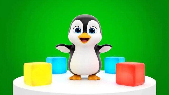 3D render of a cartoon penguin standing on a white pedestal with 3 colored cubes. Green backdrop