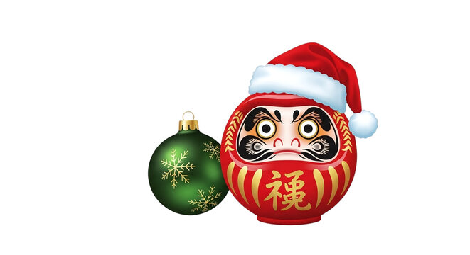 Japanese daruma doll wearing santa hat isolated on transparent background