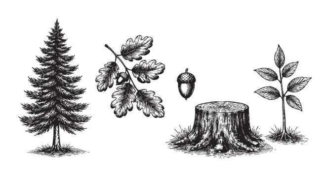 A collection of vintage, hand-drawn black and white illustrations featuring a pine tree, acorn, tree stump, and a leafy sapling set against a white background.