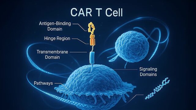 CAR T cell therapy illustration showing antigen binding domain hinge region transmembrane domain signaling domains and pathways in blue scientific style background for advanced research