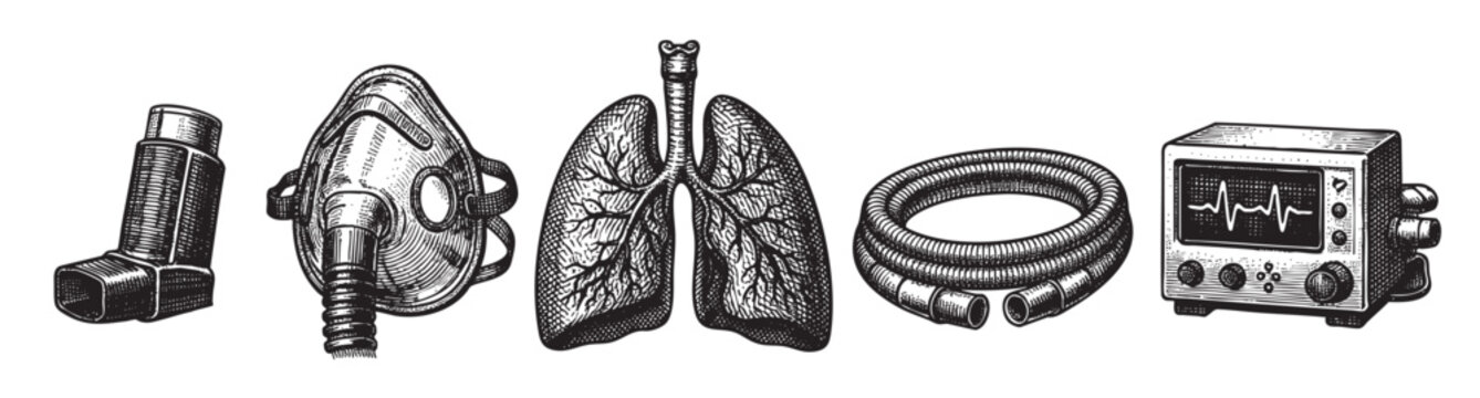 Vintage style line art illustration of asthma inhaler, respirator mask, lungs, breathing tube and ventilator on white background, perfect for medical concepts.