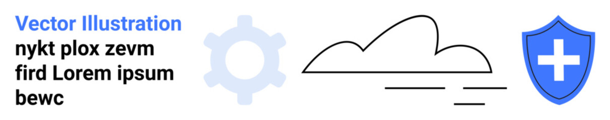 Obraz premium Data protection, cloud technology, cybersecurity, storage solutions, tech infrastructure, system integrity. A shield with a cross, a cloud and a gear icon. Cybersecurity and cloud technology