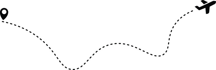 Airplane routes flight path vector with location pins. The flight path of the aircraft from the point of location along the dotted line. Airplane line path icon of airplane flight route. Transparent  © MDneamul