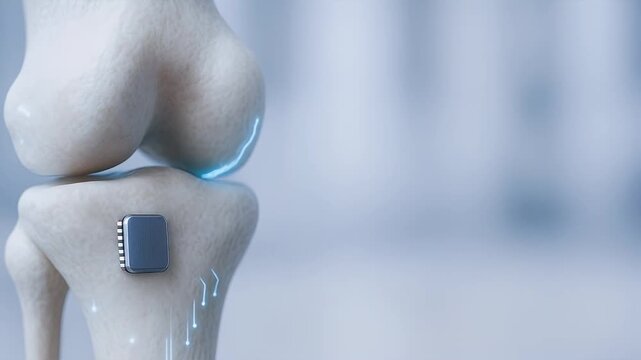Bioengineering innovation with microchip integrated into bone and knee joint featuring digital circuit lines symbolizing advanced medical technology and futuristic healthcare solutions