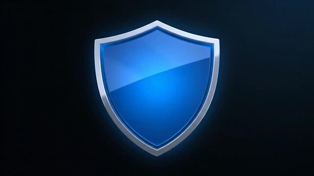 A glossy, blue shield with a silver outline, centered on a dark background