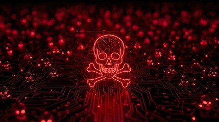 Cyber Security Breach Concept with Glowing Red Digital Skull and Crossbones on Circuit Board Background