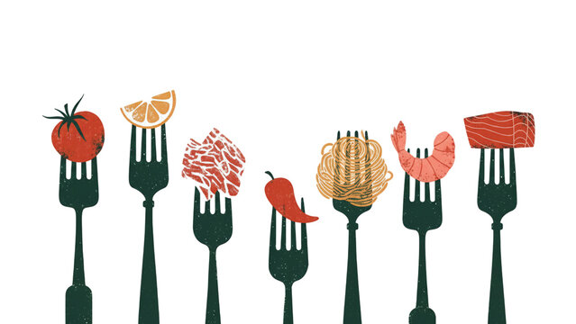Colorful forks with various foods isolated on transparent background
