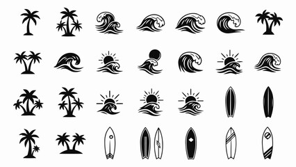Collection of black and white surfing and palm tree icons Vector, illustration
