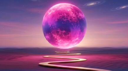 Surreal Alien Planet Landscape with Giant Glowing Pink Moon and Winding Path, Fantasy Space Background with Galaxies, Dreamy Cosmic Journey and Spiritual Exploration Concept