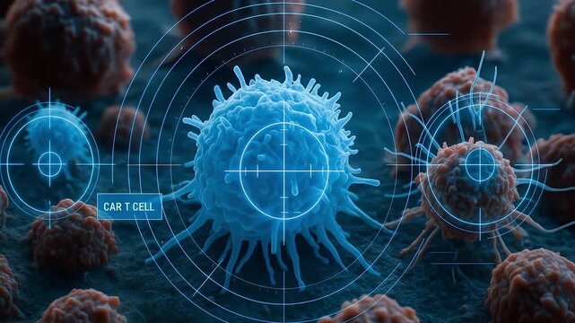 Blue car t cell highlighted digital medical scan with immune system activity and cellular interaction immune cell targeted by digital crosshair showing car t cell therapy concept and advanced medical