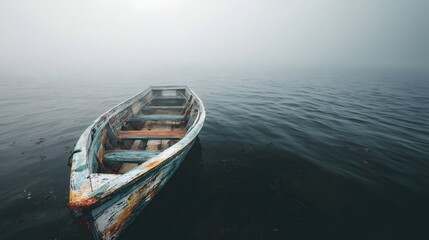 Obraz premium Old weathered boat floating on tranquil water surface under a misty, overcast sky.