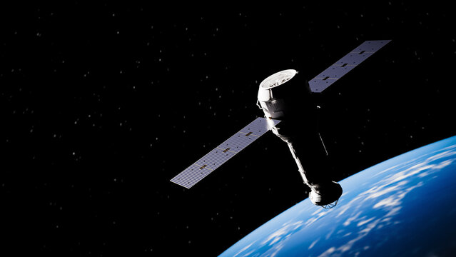 Satellite Orbiting Earth Planet Space Communication Technology. 3d rendering - Powered by Adobe