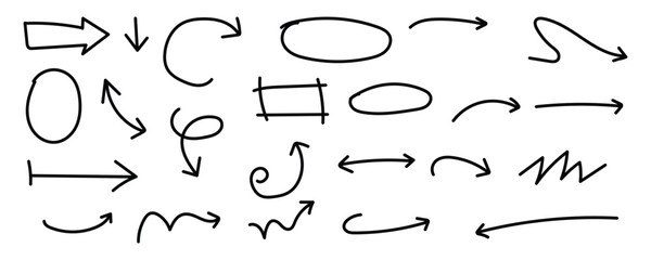 Hand drawn vector arrow set. Hand drawn arrow vector icons set. Sketch arrow design for business plan and education. Set of arrows black icons. Circle arrows, rotate arrow. vector illustration