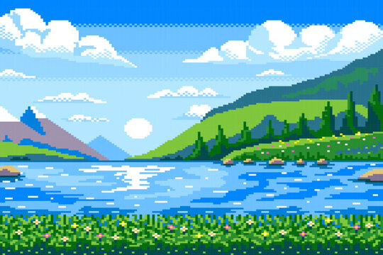 Summer landscape with river and flower field on mountain and blue sky background pixel art, classic game.