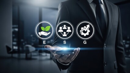 ESG Sustainability Standards: Businessman holding smartphone with environmental social and governance icons for corporate responsibility