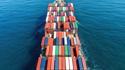 Aerial view of a cargo ship transporting containers across the ocean