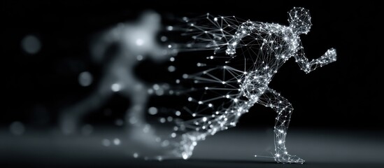 Abstract figure running, composed of connected nodes, blurred runner behind