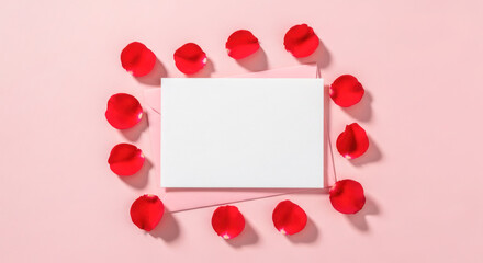 Blank greeting card surrounded by red rose petals on a soft pink background, perfect for Valentine's Day celebrations and romantic messages
