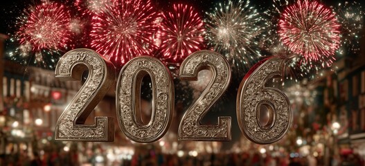 new year's eve celebration background with fireworks and a clock close to midnight. the numbers on the clock display "2026" in a golden color