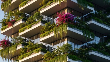 A modern building facade beautifully covered in lush greenery and flowers