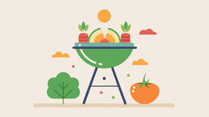 Colorful barbecue with vegetables and nature elements in flat style, representing healthy outdoor cooking and summer vibes
