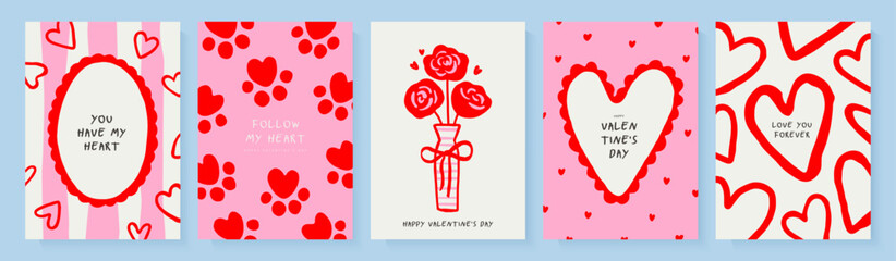 Set of romantic greeting card designs in hand sketch style with hearts, paws and flowers in vase for Valentine's Day celebration, vector illustration