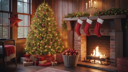 Warm Holiday Haven: Experience the cozy allure of the holidays with a beautifully adorned Christmas tree, a crackling fireplace with stockings hung, and the soft glow of festive lights.