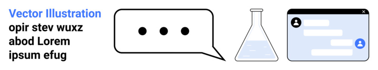 Obraz premium Science communication, research, digital media, technology, user interfaces, education. Speech bubble, laboratory flask and user chat interface. Science communication and research