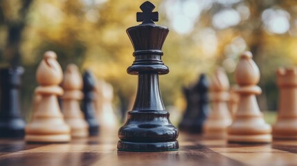 Intricate chess game strategy represented by a king piece on a wooden board