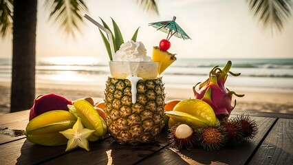 Tropical pineapple cocktail on beach table.