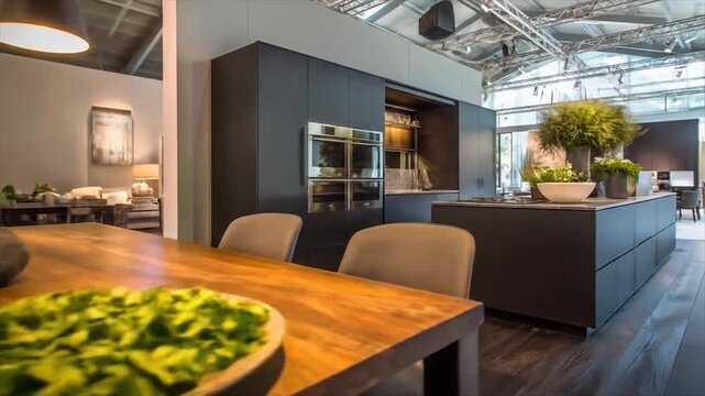 Modern black kitchen interior with island and built in appliances