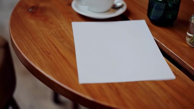 A wooden table has a blank white paper, a cup of coffee with saucer, and flowers