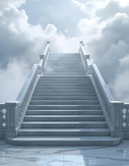 Hyper realistic luxury marble staircase emerging from misty winter clouds, soft ambient light, symmetrical composition, detailed textures, volumetric fog, ultra high resolution realism
