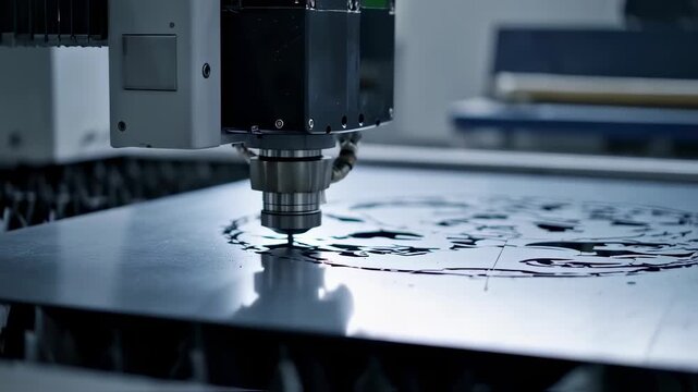 A metal sheet is being precisely cut by a machine in an industrial setting