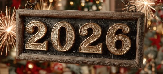 new year's eve celebration background with fireworks and a clock close to midnight. the numbers on the clock display "2026" in a golden color