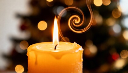 Lit candle with smoke gently rising. Warm, intimate, and calming scene, evoking cozy atmospheres, relaxation, meditation, and serene indoor ambiance.