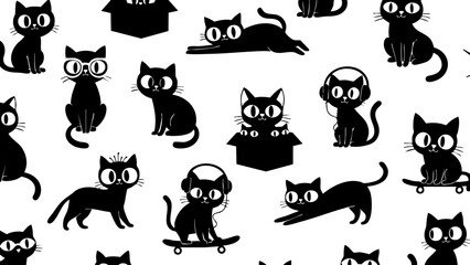 Fototapeta premium Seamless pattern featuring quirky black cat silhouettes engaged in various playful and trendy activities